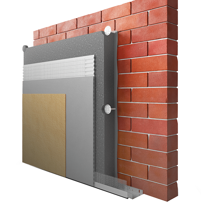 Cutaway diagram of an external wall insulation system showing multiple layers including adhesive, insulation board, reinforcement mesh, basecoat, and topcoat applied to a brick wall.