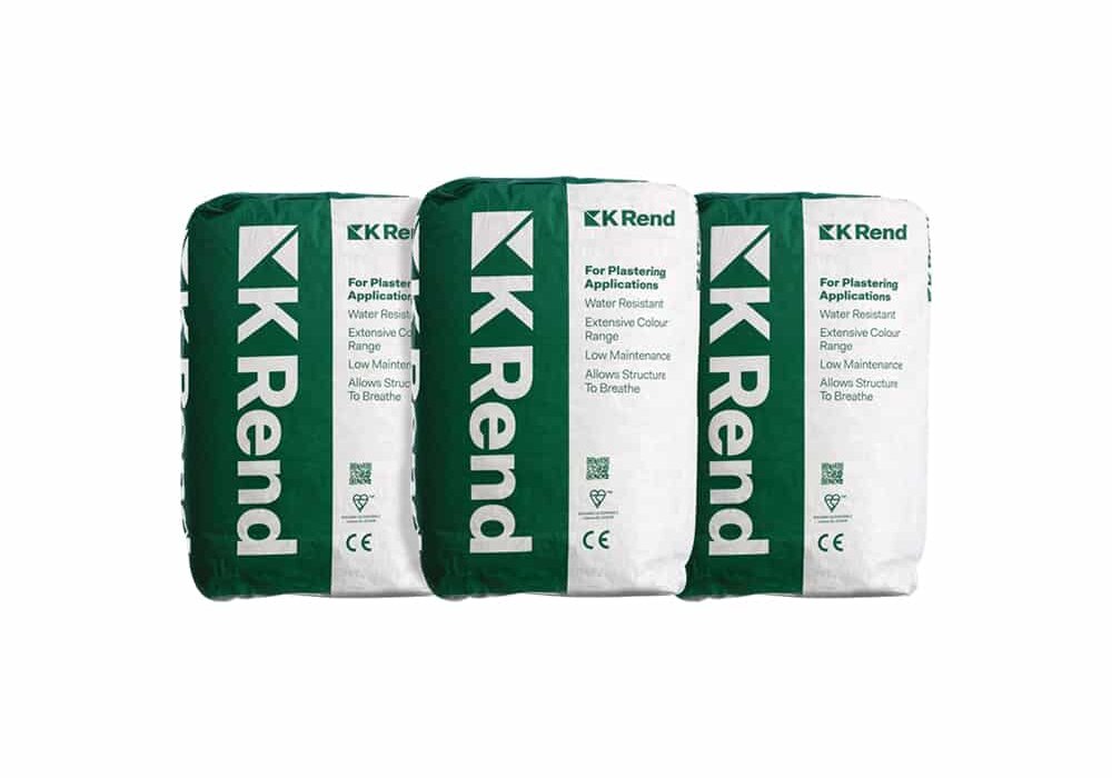 three bags of K Rend render mix for plastering applications, water-resistant and breathable, commonly used by companies specialising in external wall insulation and render systems like EWI Store