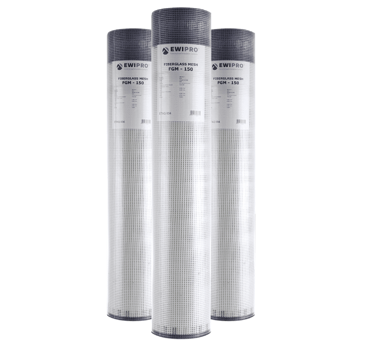 three rolls of EWI Pro FGM-150 fibreglass mesh reinforcement used in external wall insulation systems, supplied by EWI Store – a company specialising in renders and insulation products