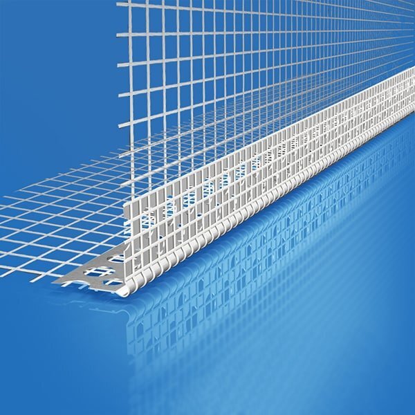 PVC corner bead with fiberglass mesh for external wall insulation systems, used to reinforce and protect edges during rendering for external wall insulation