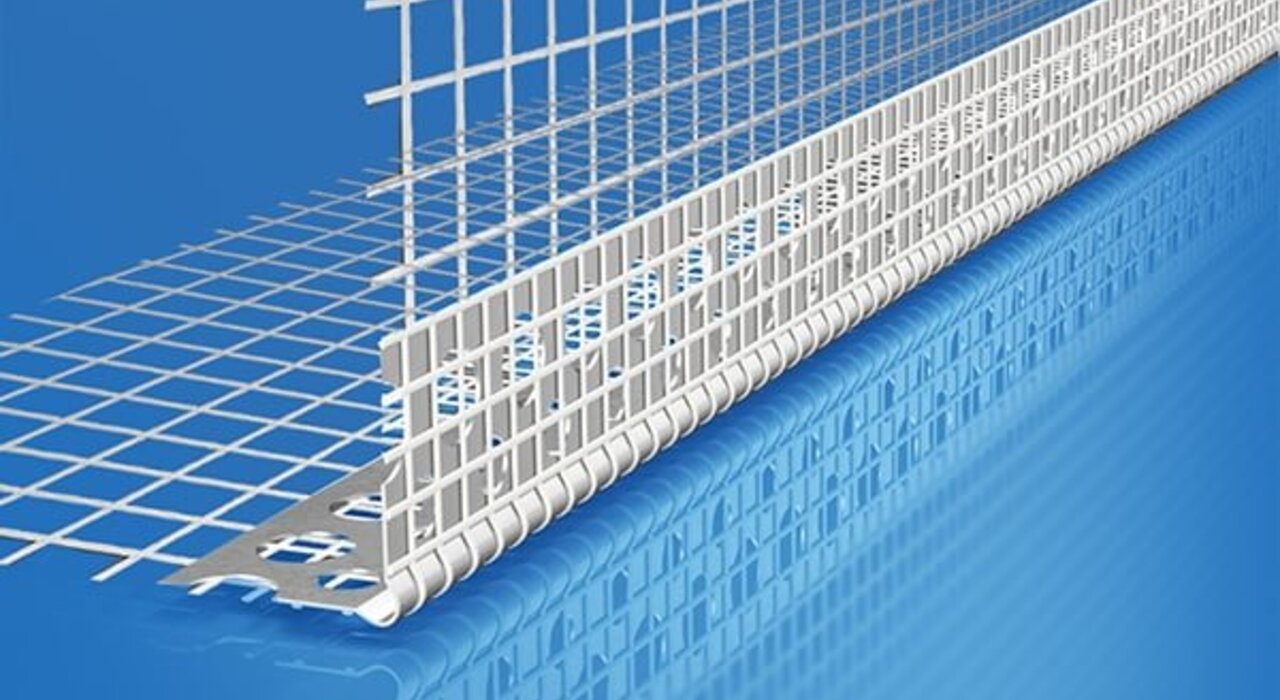 PVC corner bead with fiberglass mesh for external wall insulation systems, used to reinforce and protect edges during rendering for external wall insulation