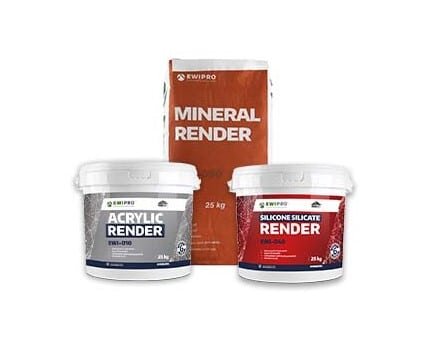 EWIPro Acrylic Render and Silicone Silicate Render in 25kg buckets, shown with a 25kg bag of EWIPro Mineral Render — high-performance decorative finishes for external wall insulation systems
