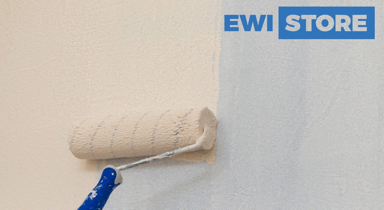 Paint roller applying EWIPro silicone topcoat over a primed render surface, demonstrating the final stage of external wall insulation system finishing with EWI Store branding
