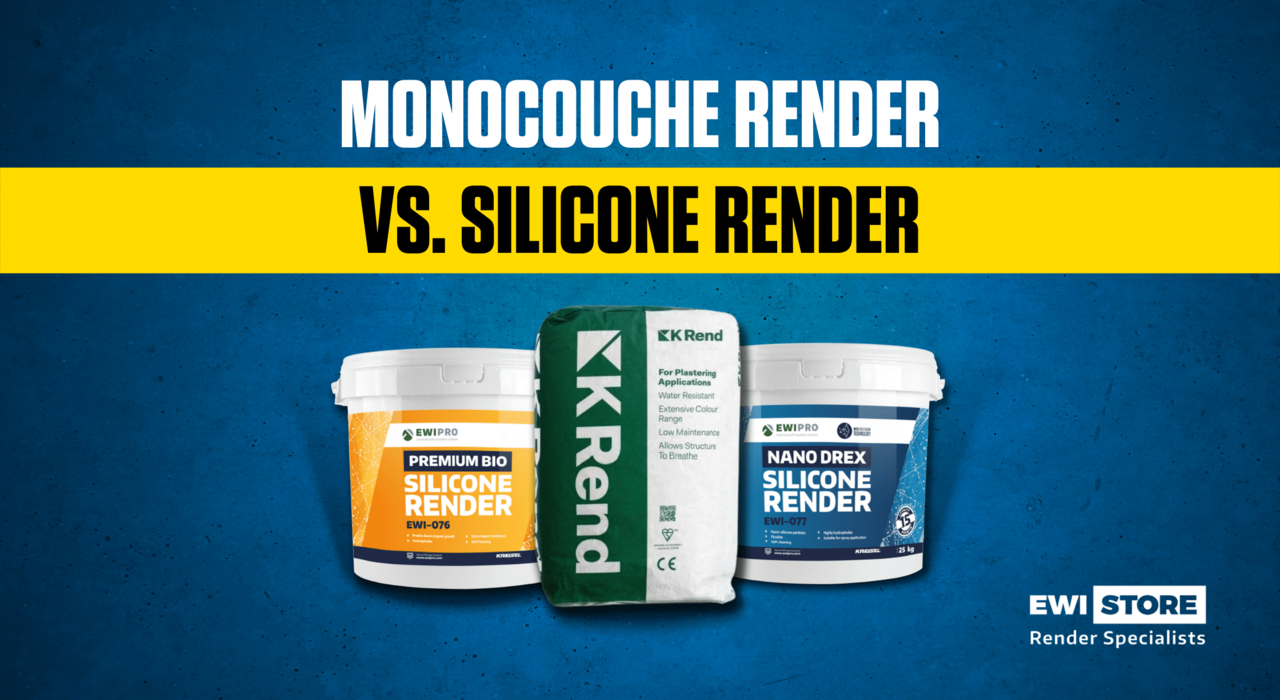 Comparison banner showing EWIPro Premium Bio Silicone Render, K Rend monocouche render, and EWIPro Nano Drex Silicone Render, highlighting key differences between silicone and monocouche render systems for external wall finishes