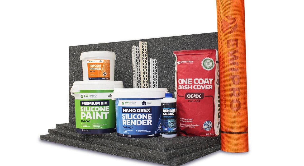 Selection of EWIPro external wall insulation products including EPS insulation boards, silicone render, silicone paint, topcoat primer, dash receiver, render guard, reinforcing mesh, and corner beads used for thermal insulation and weather protection in building exteriors