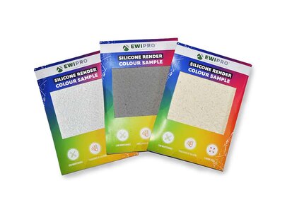 EWIPro silicone render colour samples in white, grey, and beige, used to help choose final finishes for external wall insulation systems based on texture and colour preference