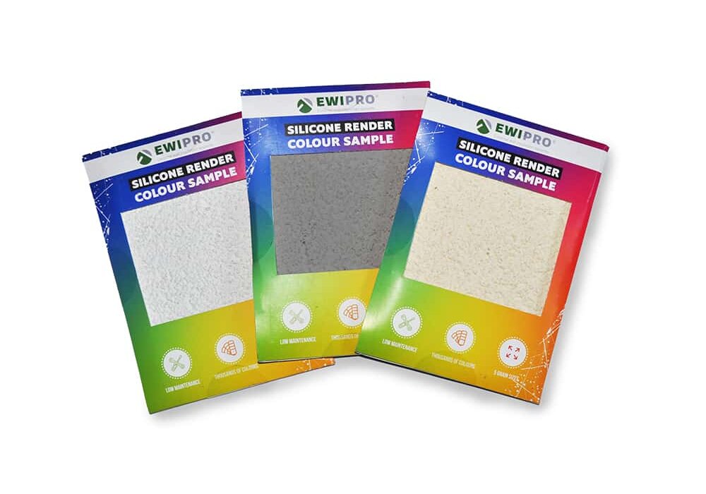 EWIPro silicone render colour samples in white, grey, and beige, used to help choose final finishes for external wall insulation systems based on texture and colour preference