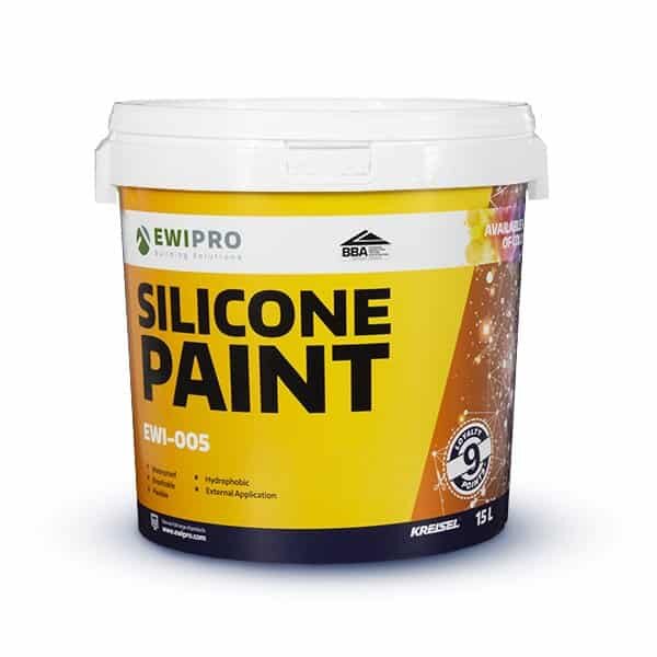 15L tub of EWI Pro Silicone Paint EWI-005 with a yellow and orange label, designed for hydrophobic, external wall application. The packaging displays the EWI Pro and BBA logos.