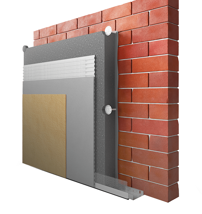Layered 3D diagram of an external wall insulation system applied over red brickwork. The layers shown include adhesive, grey insulation board (likely EPS or mineral wool), reinforcing mesh with basecoat, and a final coloured render finish.
