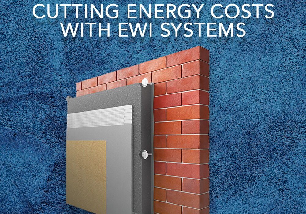 3D illustration of an external wall insulation system installed over red brickwork, featuring multiple insulation and render layers, set against a blue textured background with the text "Cutting Energy Costs with EWI Systems" written above.