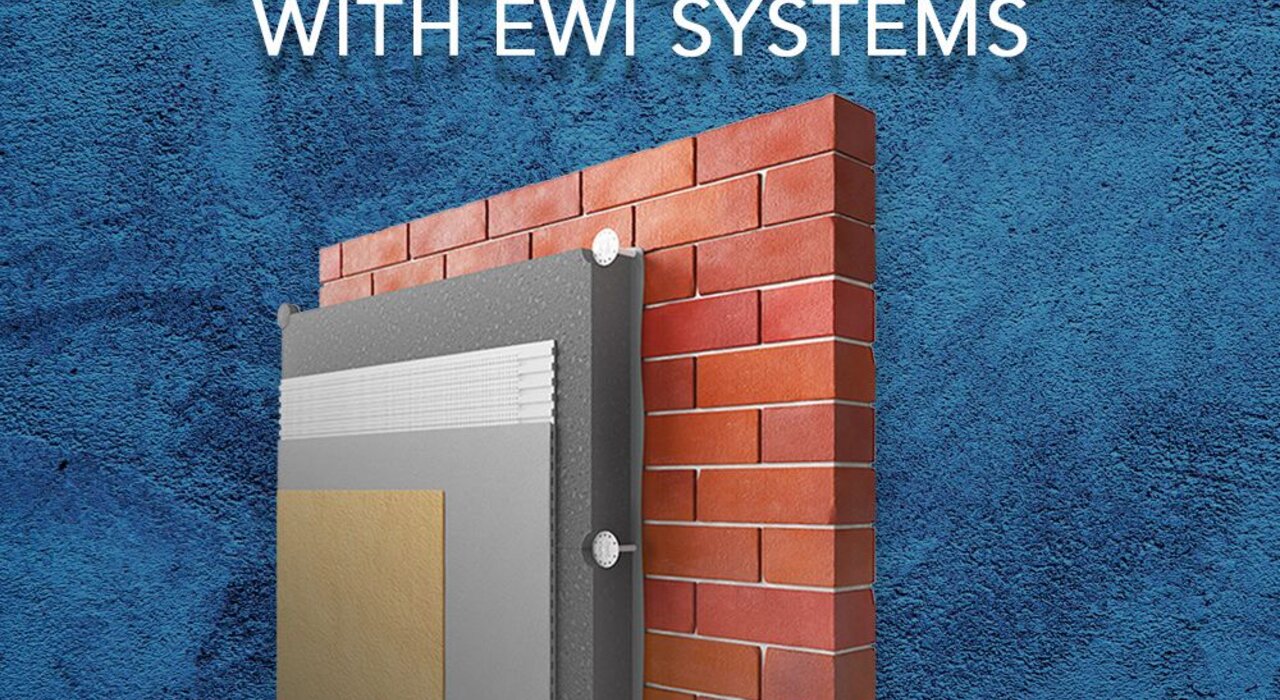 3D illustration of an external wall insulation system installed over red brickwork, featuring multiple insulation and render layers, set against a blue textured background with the text "Cutting Energy Costs with EWI Systems" written above.