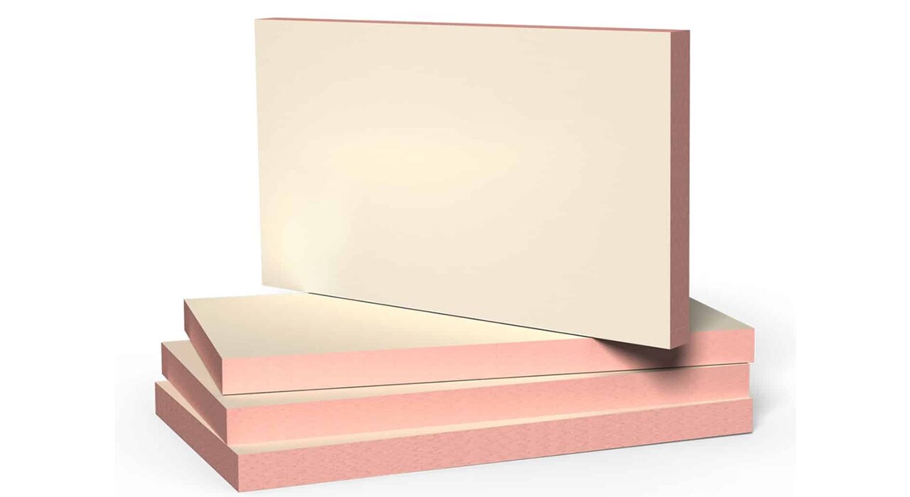 This image shows pink phenolic insulation boards, widely used in external wall insulation systems. These boards offer excellent thermal performance with a very low thermal conductivity, helping to reduce heat loss through external walls. Their rigid structure makes them ideal for flat surfaces and their high compressive strength ensures durability over time.