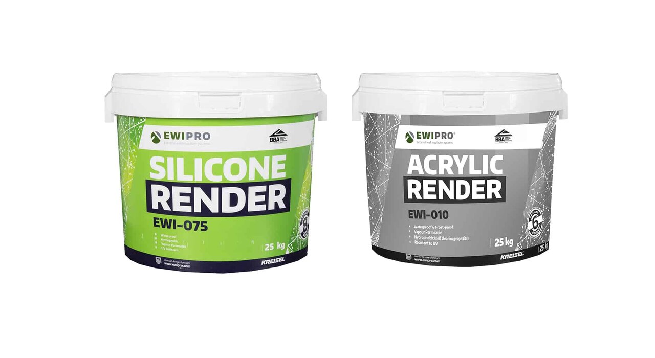 This image shows two popular render types from EWI Pro: Silicone Render and Acrylic Render. Both are designed for use as a decorative and protective topcoat in external wall insulation systems. Silicone render offers excellent breathability and water resistance, while acrylic render provides strong adhesion and vibrant colour retention.