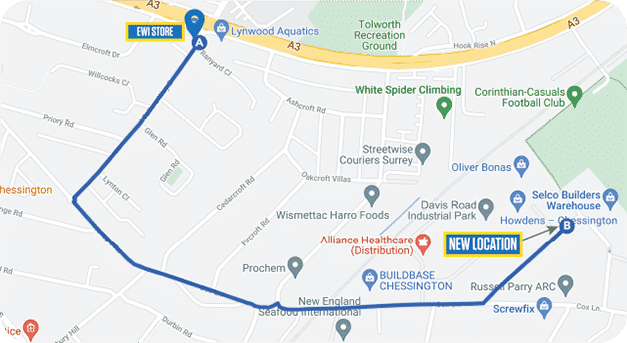 Map showing the route from the original EWI Store location to its new location in Chessington, highlighting nearby landmarks such as Selco Builders Warehouse and Buildbase Chessington.