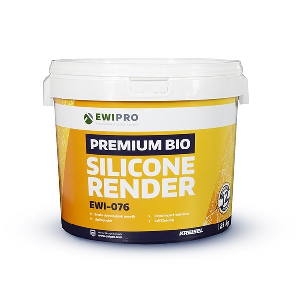 Tub of EWI Pro Premium Bio Silicone Render (EWI-076), a hydrophobic, self-cleaning render designed to prevent algae and organic growth, commonly used as a decorative finish in external wall insulation systems.