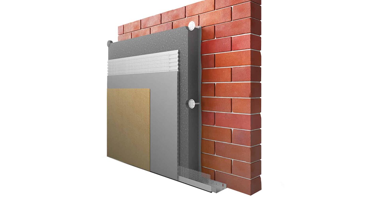 Illustration of a complete external wall insulation (EWI) system, showing layers including insulation board, adhesive, basecoat, mesh, and topcoat applied to a brick wall for improved energy efficiency and thermal performance.