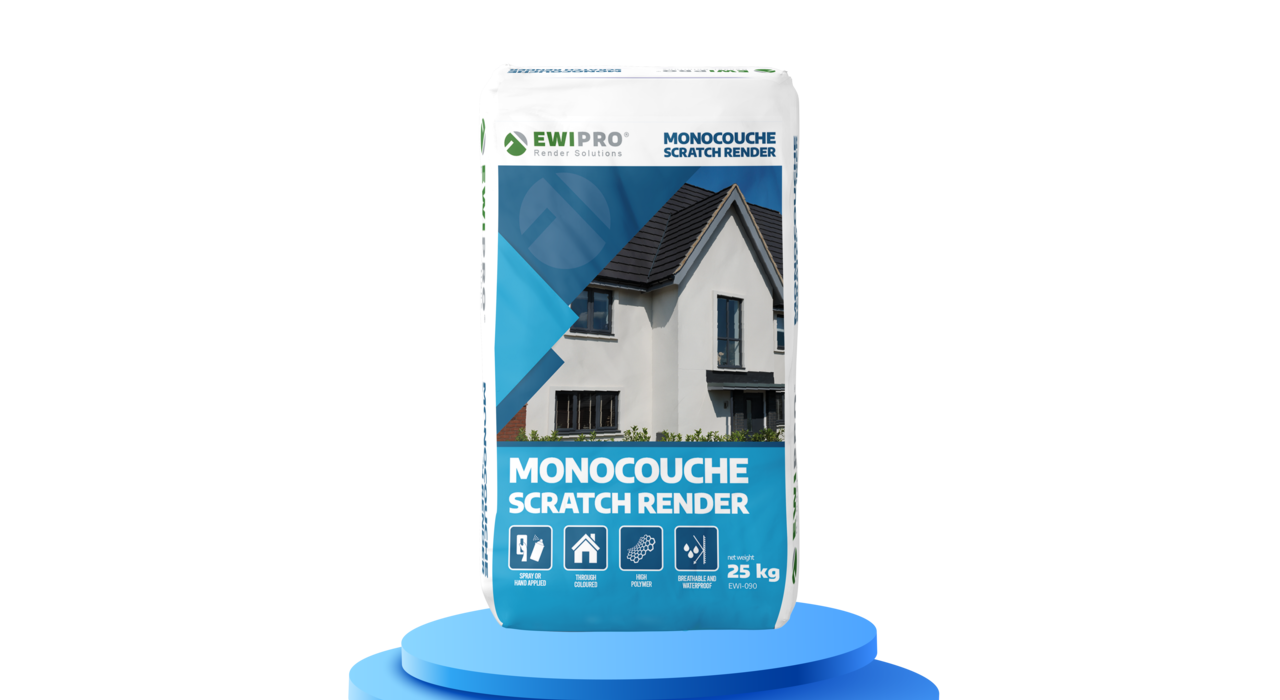 This image shows a bag of EWI Pro Monocouche Scratch Render, a decorative and protective render used in external wall insulation systems. It provides a durable, breathable finish and enhances both the insulation performance and appearance of a building façade.