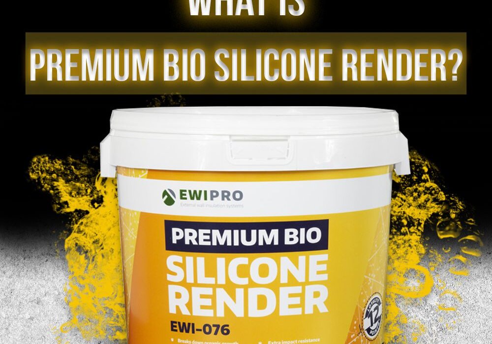 Promotional graphic highlighting EWI Pro Premium Bio Silicone Render EWI-076, designed for external wall insulation with hydrophobic properties, organic growth resistance, and self-cleaning features, displayed with bold text on a black and yellow background.