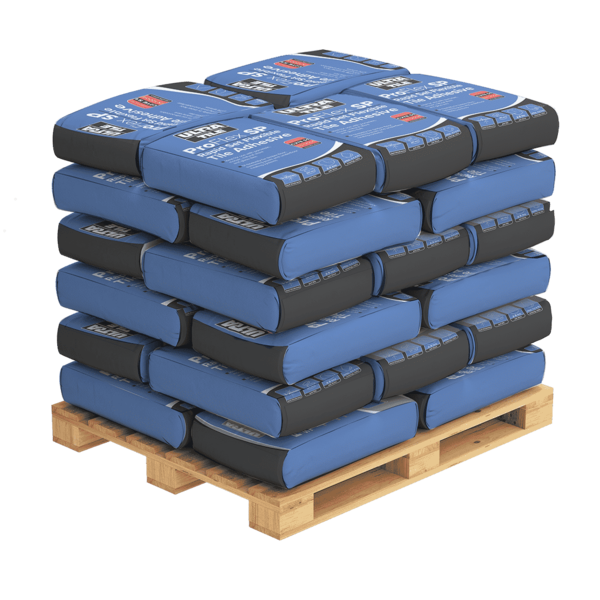 Pallet stacked with blue and black bags of adhesive used in external wall insulation systems. These adhesives are essential for securely bonding insulation boards to various surfaces, ensuring long-lasting thermal protection and structural stability.