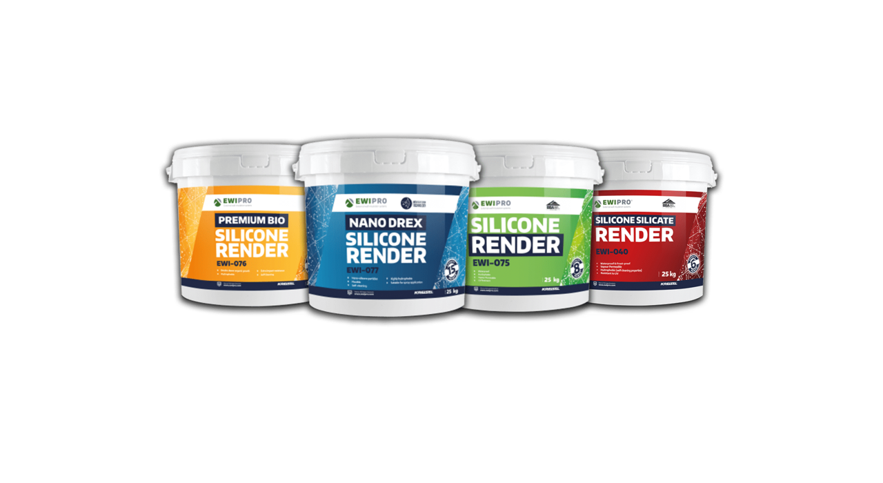 Range of EWI Pro render products including Premium Bio Silicone Render, Nano Drex Silicone Render, Silicone Render EWI-075, and Silicone Silicate Render, displayed in labelled tubs.