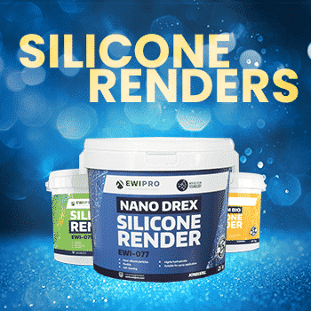 EWI Pro silicone render tubs, including Nano Drex, Premium Bio, and Silicone Render EWI-075, displayed against a sparkling blue background with 'Silicone Renders' text above. These products are perfect for use as a finishing coat in external wall insulation systems.