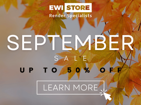 September sale promotional banner from EWI Store Render Specialists, offering up to 50% off with autumn leaves in the background and a 'Learn More' button at the bottom