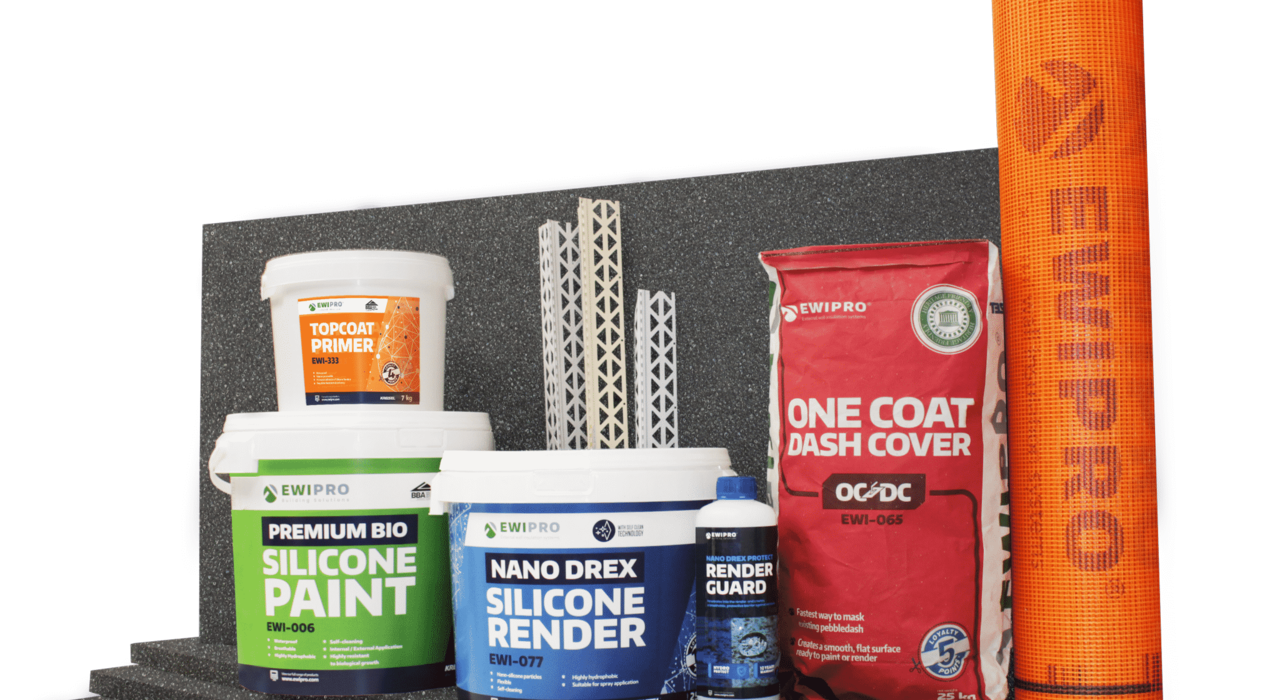 A full external wall insulation system setup featuring EWI Pro products, including silicone render, paint, topcoat primer, dash cover, render guard, mesh, beading, and insulation boards, ideal for improving energy efficiency and exterior wall protection.