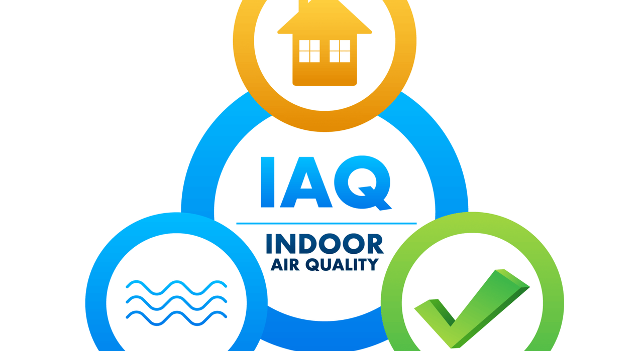 IAQ (Indoor Air Quality) concept graphic with icons representing a healthy home, clean airflow, and quality assurance—emphasising the importance of proper insulation and rendering solutions, such as those provided by EWI Store, in maintaining safe and breathable indoor environments.