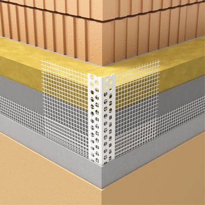 Cross-section diagram of an external wall insulation system showing layers of insulation, basecoat, mesh, and render, with a PVC corner bead for edge reinforcement. EWI Store supplies all components for professional insulation and rendering installations.