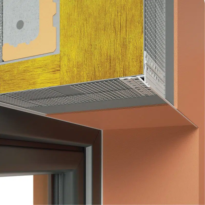 Detailed render showing an external wall insulation system around a window opening, featuring mineral wool insulation, mesh-reinforced basecoat, and a PVC profile for clean edges and durability. EWI Store provides complete systems and accessories for professional insulation and rendering projects.