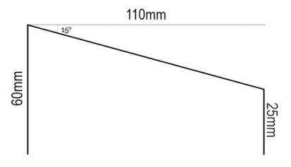 Technical diagram of a metal window head or drip profile, showing a 60mm vertical leg, 110mm projection angled at 15°, and a 25mm front drip edge—commonly used in external wall insulation systems for effective water drainage and façade protection. Supplied by EWI Store.