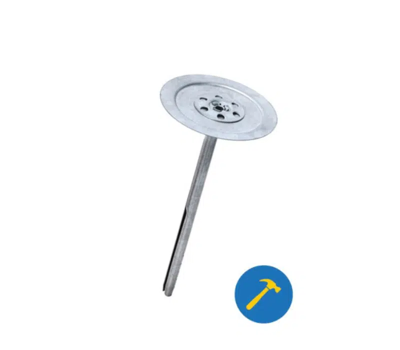 Close-up of a metal hammer-in fixing for external wall insulation systems, featuring a wide disc head for secure hold on insulation boards. Ideal for use on solid substrates like masonry, these fixings are supplied by EWI Store and ensure stable mechanical anchoring in EWI installations.