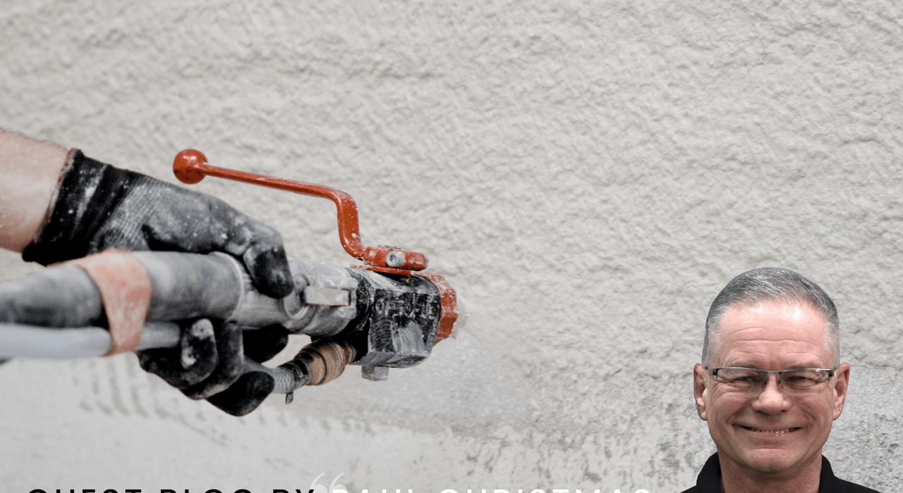 Close-up of a spray rendering machine applying a textured finish to an external wall, accompanied by a portrait of guest blogger Paul Christmas. This image highlights modern rendering techniques supported by EWI Store, a specialist in external wall insulation and render systems.