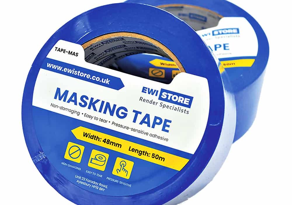 Close-up of EWI Store blue masking tape, designed for use in rendering and external wall insulation applications. The tape features a pressure-sensitive adhesive, is easy to tear, and removes cleanly—ideal for masking around windows, doors, and profiles during EWI installation. Supplied by EWI Store, a specialist in insulation and render systems.