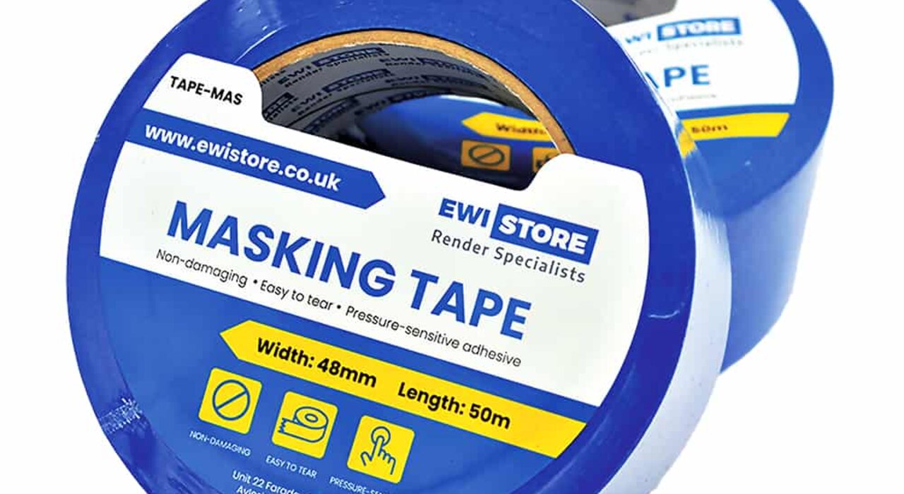Close-up of EWI Store blue masking tape, designed for use in rendering and external wall insulation applications. The tape features a pressure-sensitive adhesive, is easy to tear, and removes cleanly—ideal for masking around windows, doors, and profiles during EWI installation. Supplied by EWI Store, a specialist in insulation and render systems.