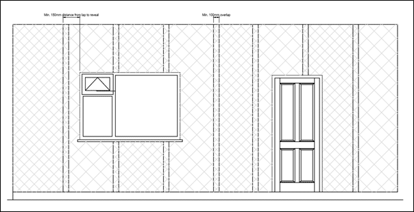 Architectural line drawing of an internal or external stud wall featuring a window and door opening, with evenly spaced vertical studs and cross-hatched sheathing or insulation pattern. Notes indicate fixing and spacing guidance, likely for preparing a substrate for render or cladding. Suitable for ventilated render-only systems supplied by EWI Store.