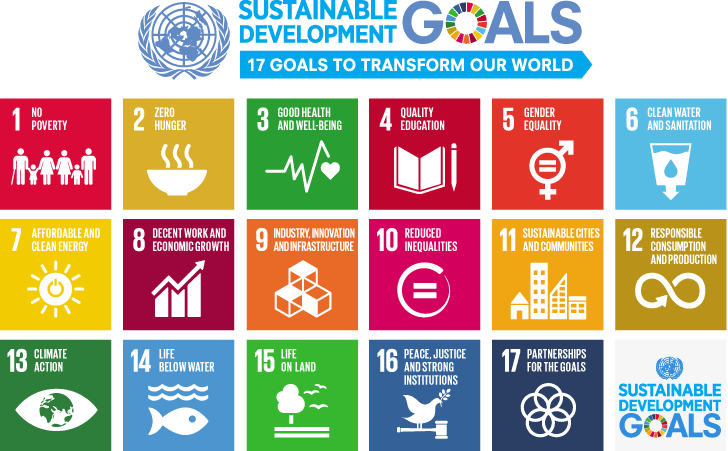 Infographic displaying the 17 United Nations Sustainable Development Goals (SDGs), aimed at transforming the world by addressing global challenges such as poverty, inequality, climate change, environmental degradation, and access to education and clean energy. These goals guide global efforts toward a more sustainable and equitable future.