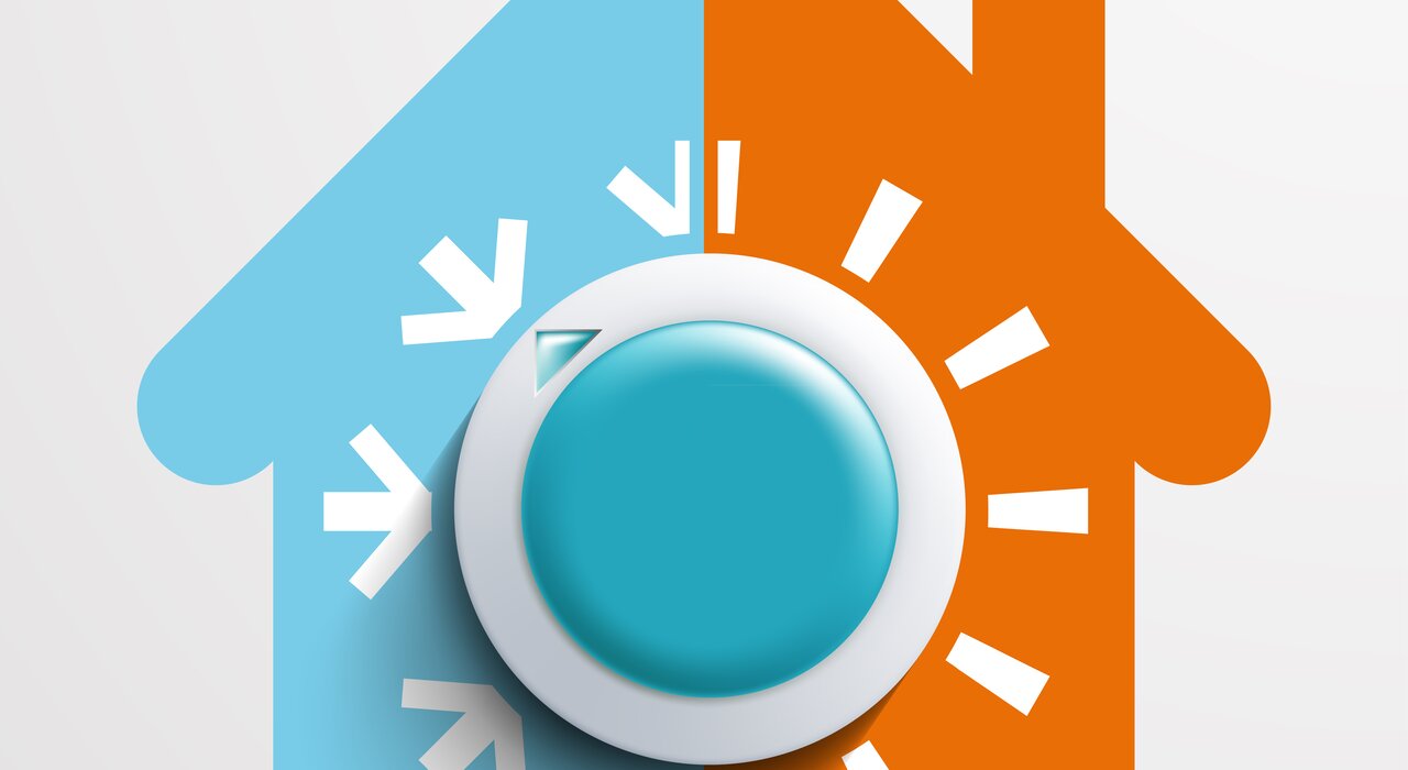 Illustration of a house split into cool (blue) and warm (orange) zones with a central thermostat dial, symbolising indoor temperature control. This image represents the importance of energy efficiency and thermal regulation, which can be significantly improved using external wall insulation systems available from EWI Store.