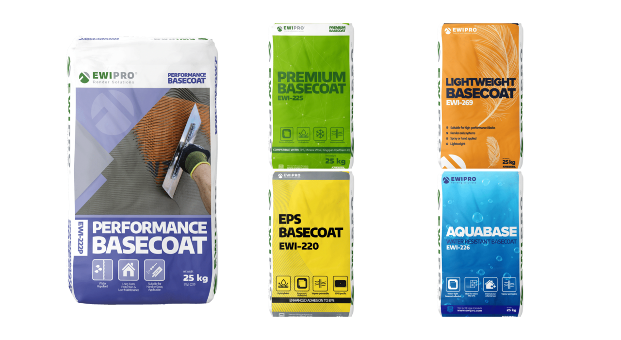 Image showing five types of EWI Pro basecoat products used for external wall insulation, all in 25kg bags. The products include Performance Basecoat (purple and grey bag with a trowel image), Premium Basecoat EWI-225 (green bag), EPS Basecoat EWI-220 (yellow bag), Lightweight Basecoat EWI-220 (orange bag), and Aquabase EWI-226 (blue bag with water graphics). Each bag is designed with icons highlighting features such as flexibility, water resistance, breathability, and compatibility with insulation systems.