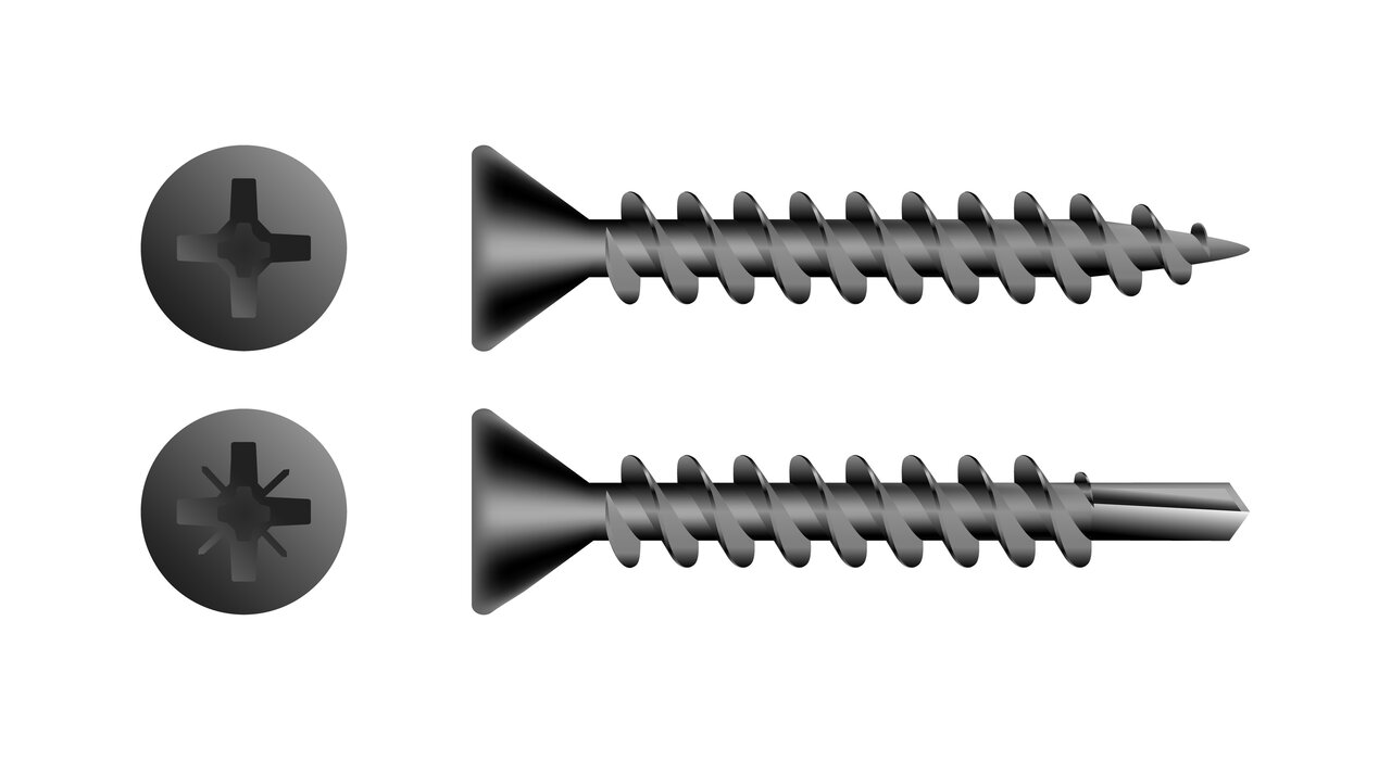 Illustration showing two types of black screws and their corresponding heads: a standard Phillips head screw and a self-drilling screw, both commonly used in external wall insulation installations.