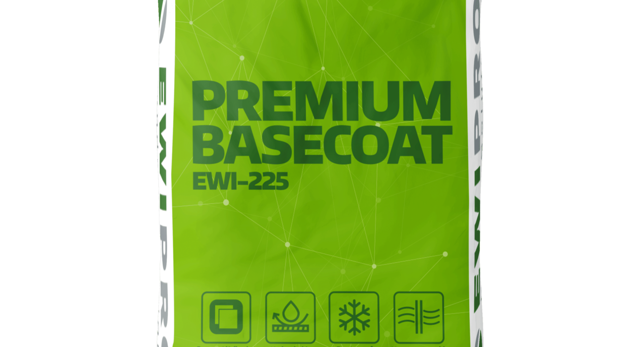 Bag of EWI Pro Premium Basecoat EWI-225, 25kg, in green packaging with icons showing it works as a basecoat/adhesive, is hydrophobic, frost-proof, and vapour permeable; compatible with EPS, mineral wool, and Kingspan Kooltherm K5.