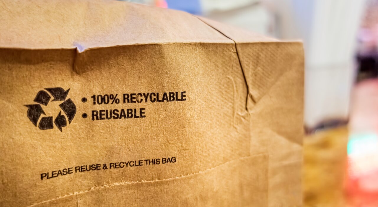 Close-up of a brown paper bag with printed text that reads “100% Recyclable • Reusable” alongside a recycling symbol, and a note underneath saying “Please reuse & recycle this bag.