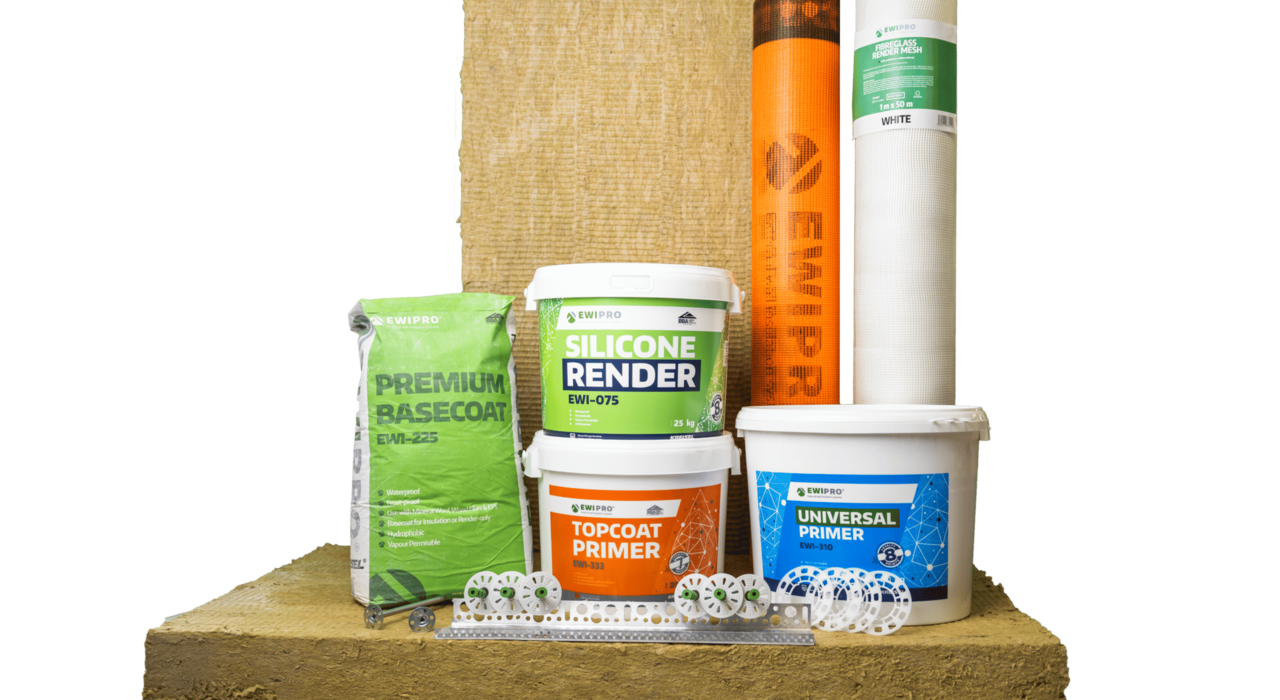 This is a full EWI Pro insulation system setup, featuring products like silicone render, premium basecoat, topcoat primer, universal primer, mesh, and fixings – all designed to improve thermal performance and finish quality on buildings.