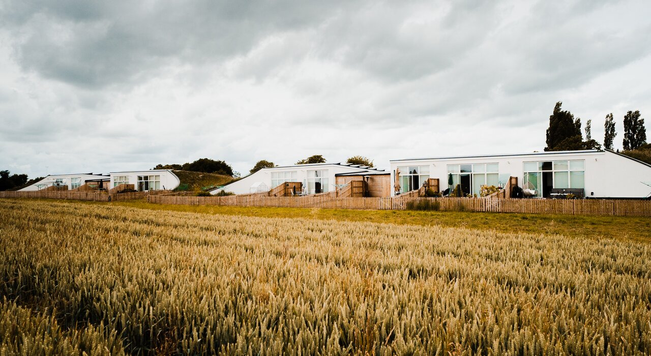 This image shows a group of eco-friendly, low-energy homes built into the landscape with green roofs and large south-facing windows, designed to maximise energy efficiency and blend into their natural surroundings.