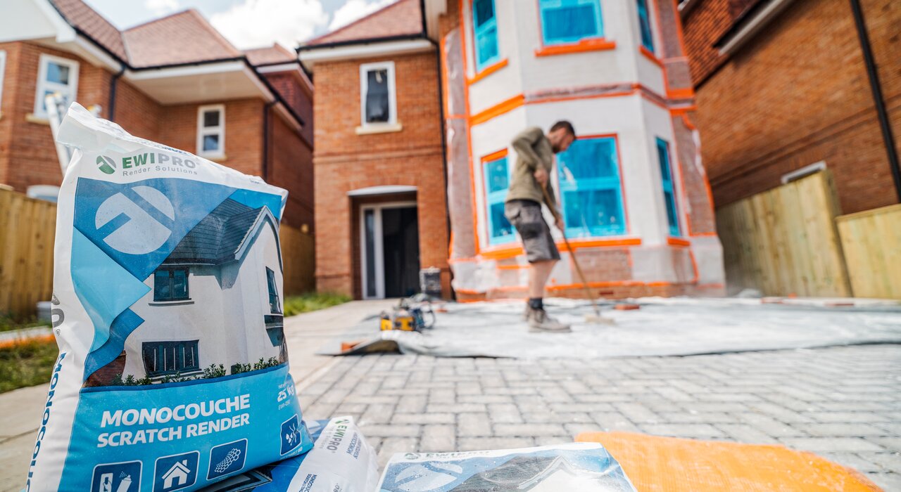 Bags of EWI Pro Monocouche Scratch Render at a construction site Monocouche scratch render is a one-coat, through-coloured render that offers both aesthetic and protective benefits. It's designed for use in external wall insulation and provides a clean, consistent finish with long-lasting colour.