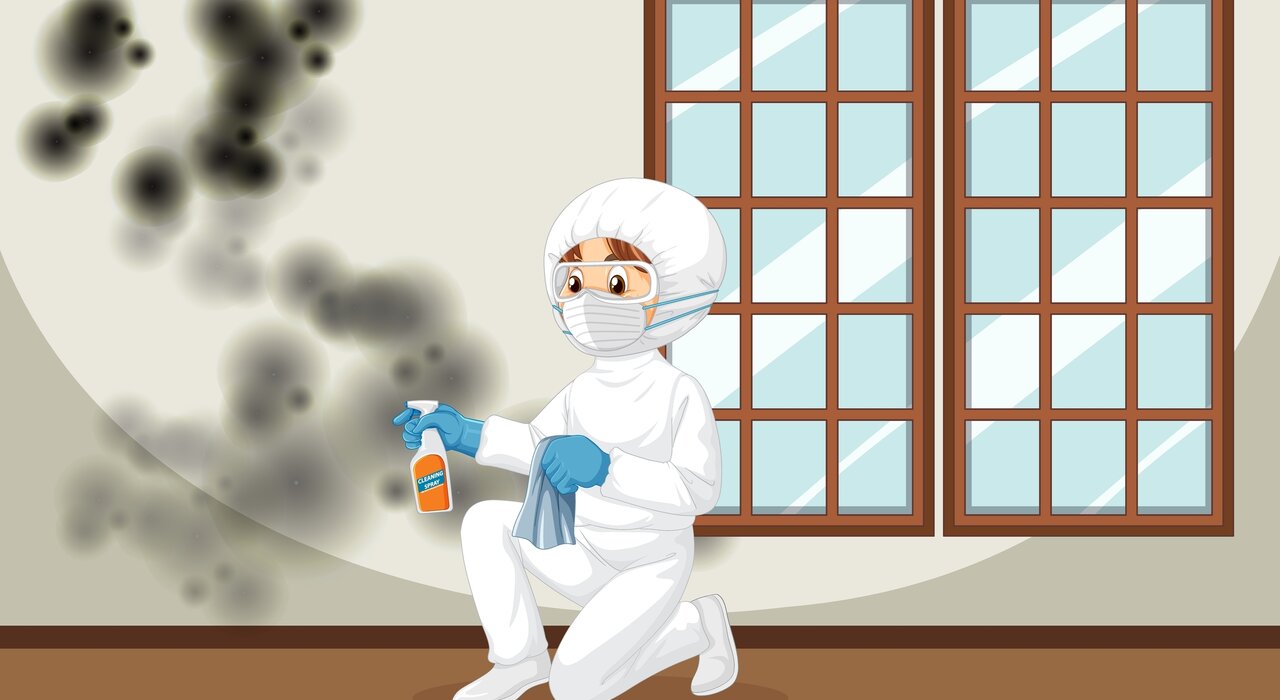 A cartoon image of a specialist in full PPE spraying anti-mould treatment onto an interior wall with visible black mould growth. Proper ventilation and insulation—like those offered by EWI systems—can help prevent such issues.