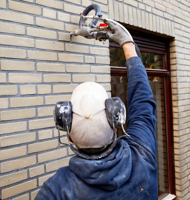 Installer injecting cavity wall insulation into a brick façade using a specialised nozzle system. Cavity wall insulation improves thermal efficiency and reduces energy costs. EWI Store offers a full range of materials and accessories to support sustainable retrofit applications.