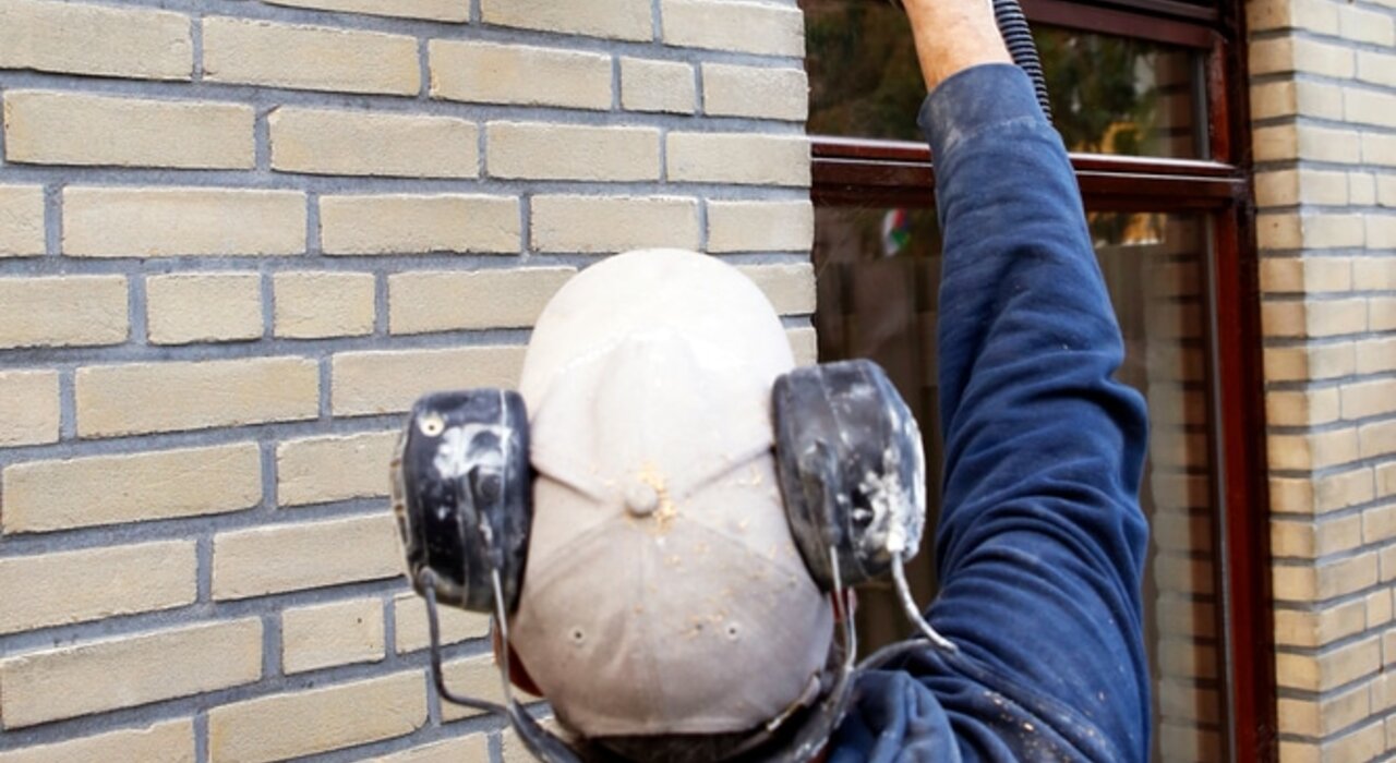 Installer injecting cavity wall insulation into a brick façade using a specialised nozzle system. Cavity wall insulation improves thermal efficiency and reduces energy costs. EWI Store offers a full range of materials and accessories to support sustainable retrofit applications.