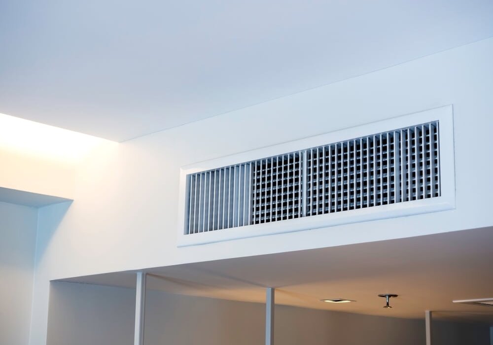 Interior shot showing a modern ceiling-mounted ventilation grille. Mechanical ventilation systems play a key role in moisture and airflow control in insulated properties. EWI Store stocks a variety of accessories to support airtight and breathable EWI installations.