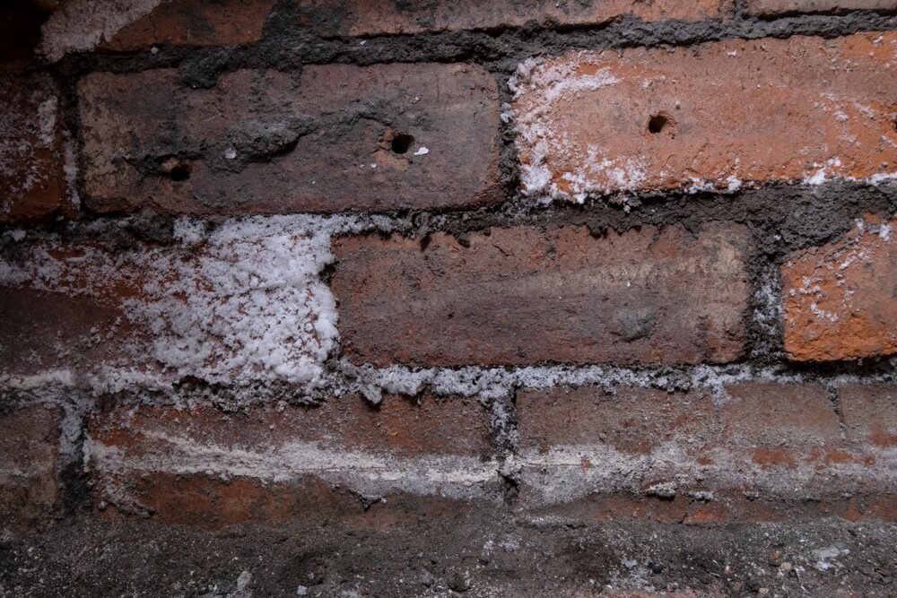 Close-up of exposed brickwork showing white efflorescence and moisture damage. Signs like these often indicate the need for breathable render systems. EWI Store offers vapour-permeable solutions to help combat damp and preserve substrate integrity.